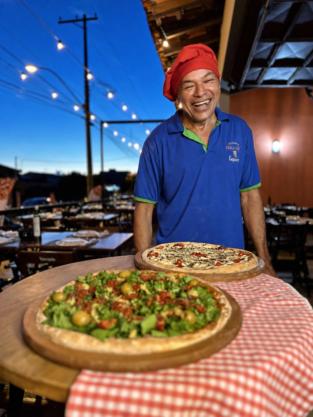 Pizzaiolo Tonho com pizzas artesanais na Italiamo Capicche